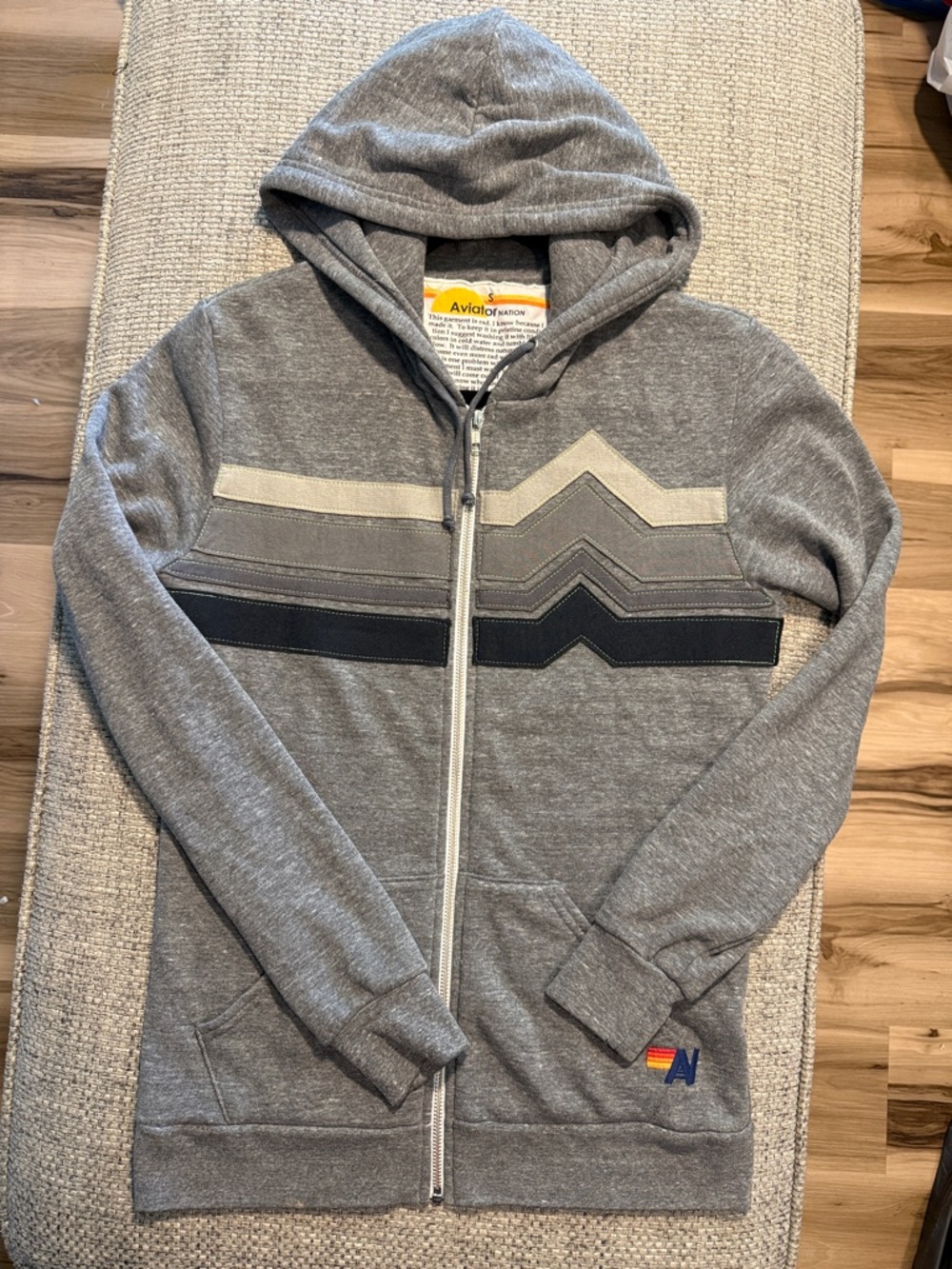 RARE VTG Aviator Nation Chevron Stripes Full Zip Hoodie Gray Black Unisex Small